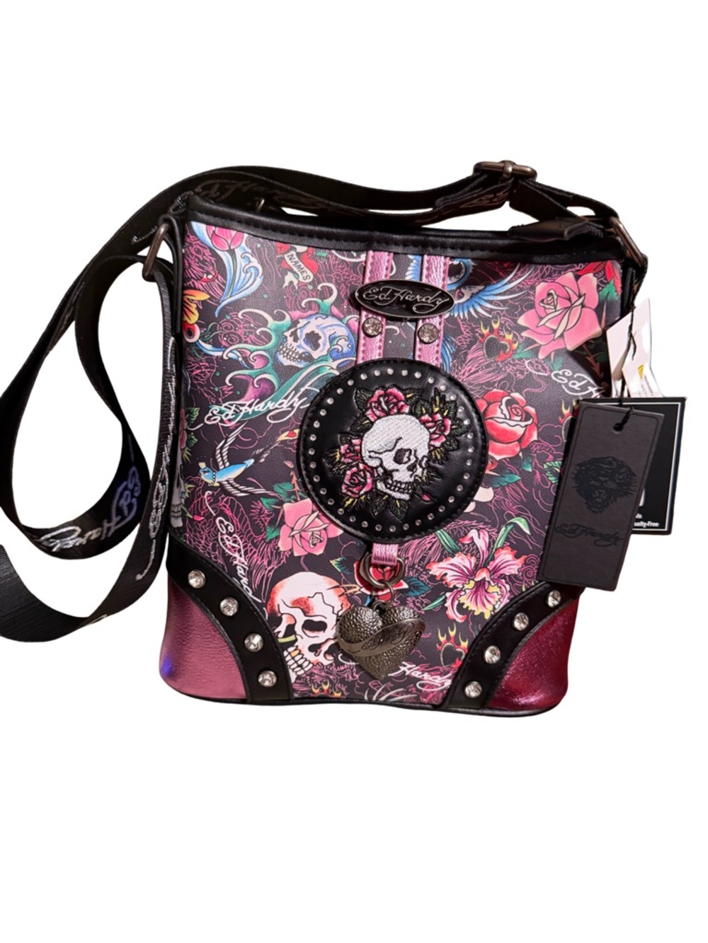 Ed Hardy NWT Multicolor Floral Skull Crossbody with White Skull Wallet (P222) - Picture 3 of 14